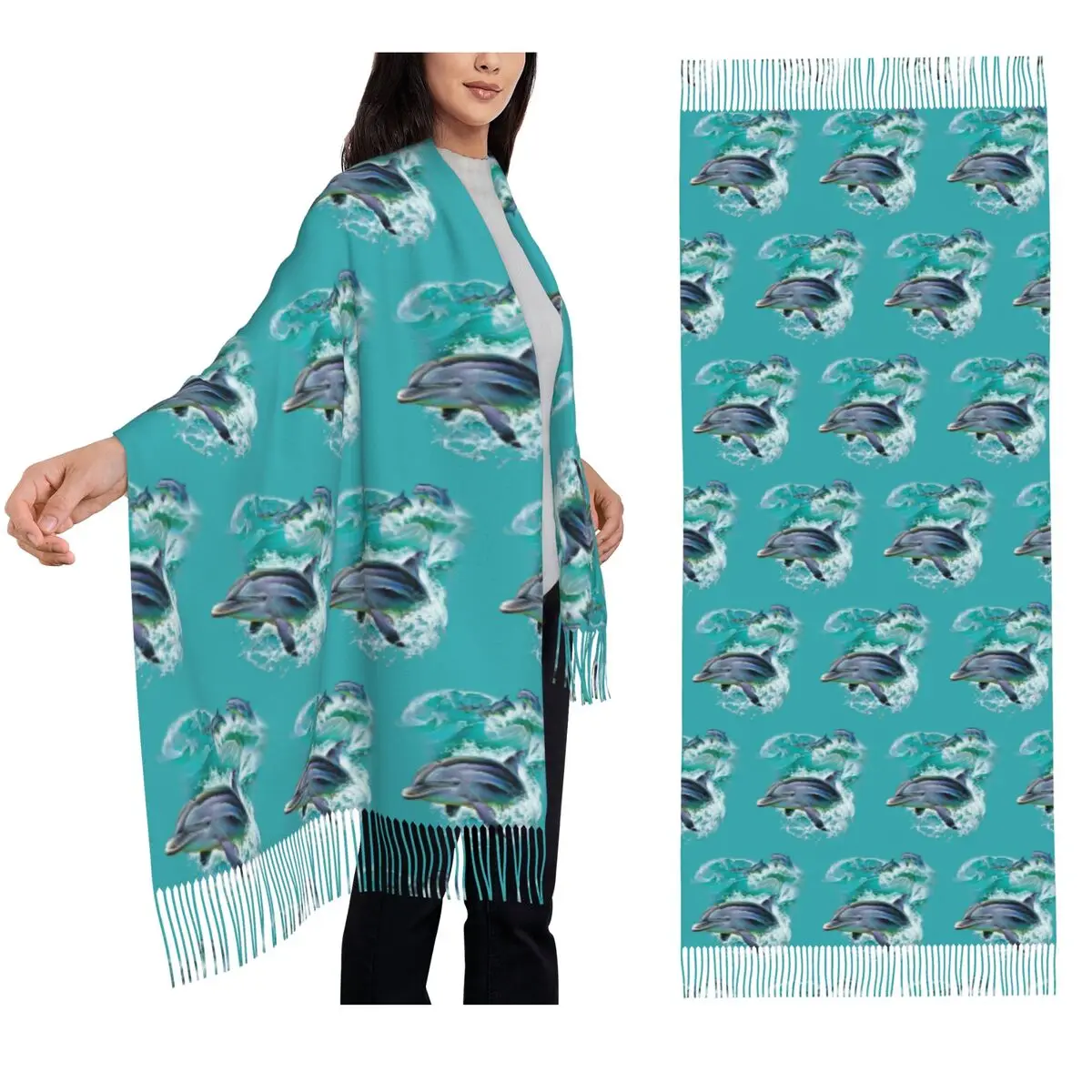 Dolphins Catching Waves Scarf Tassel Scarves for Women Soft Warm Shawls and Wraps Long Fall Winter Shawl Wrap