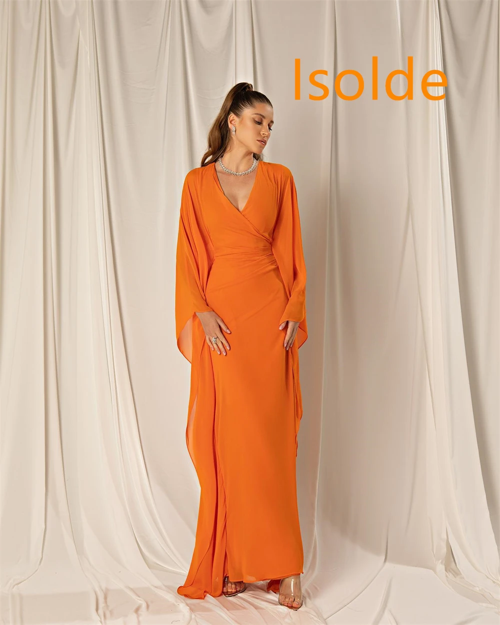 

Прозрачные шифоновые вечерние платья по индивидуальному заказу. Изысканные платья для выпускного вечера с v-образным вырезом и длинными рукавами. Вечернее платье Vestido De Festa.