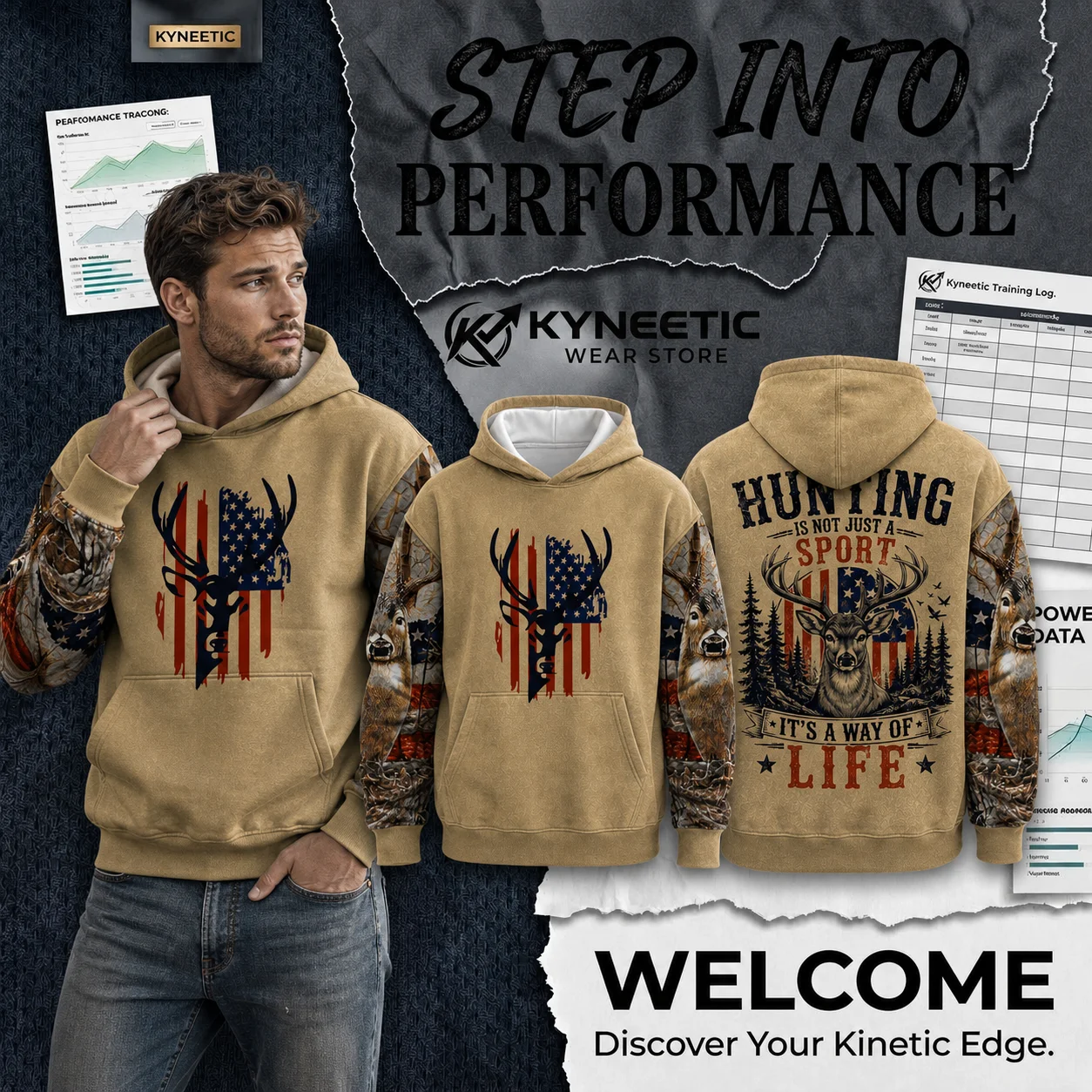 Vintage Camo Deer Hunting Print Parent-Child Long Sleeve Hoodie Casual Independence Day 4th of July Sweatshirt Tops Streetwear