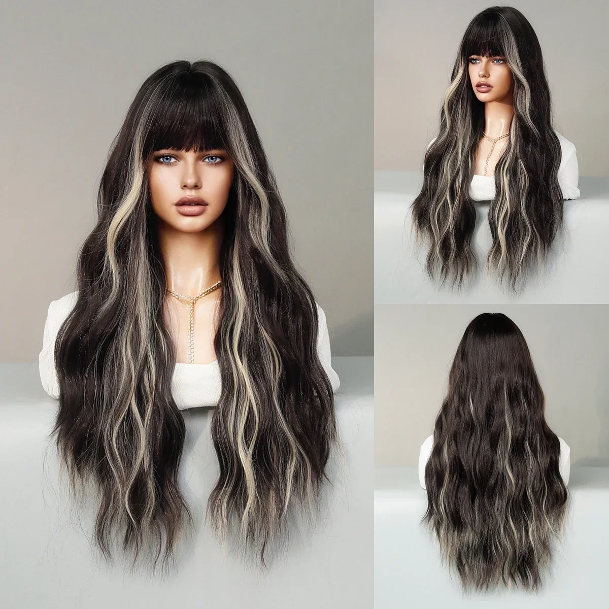 PARK YUN Long Black Wavy Highlight White Wig With Bangs For Women Daily Party High Density Hair Ombre Wigs Heat Resistant Fiber