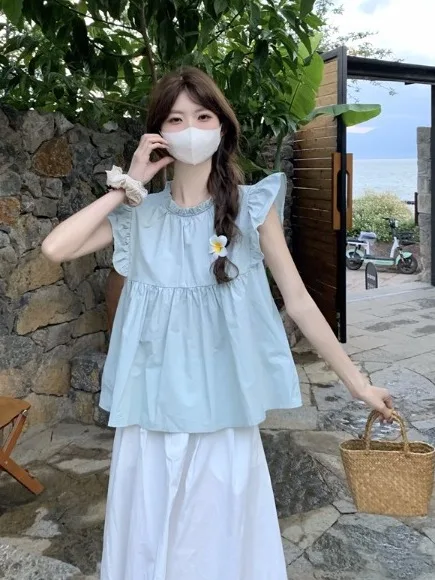 

2026 New Unique Wood Grain round Neck Small Flying Sleeve Blue Shirt Women High Sense Lightweight Age Reduction Fashiona...