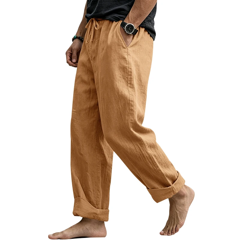 Sommerliche Herren-Leinenhose, Lässige Hawaiian-Hose mit Elastischem Kordelzug, Atmungsaktive Gerade Lange Hose mit Taschen für Alltag und Zuhause – Detail 39