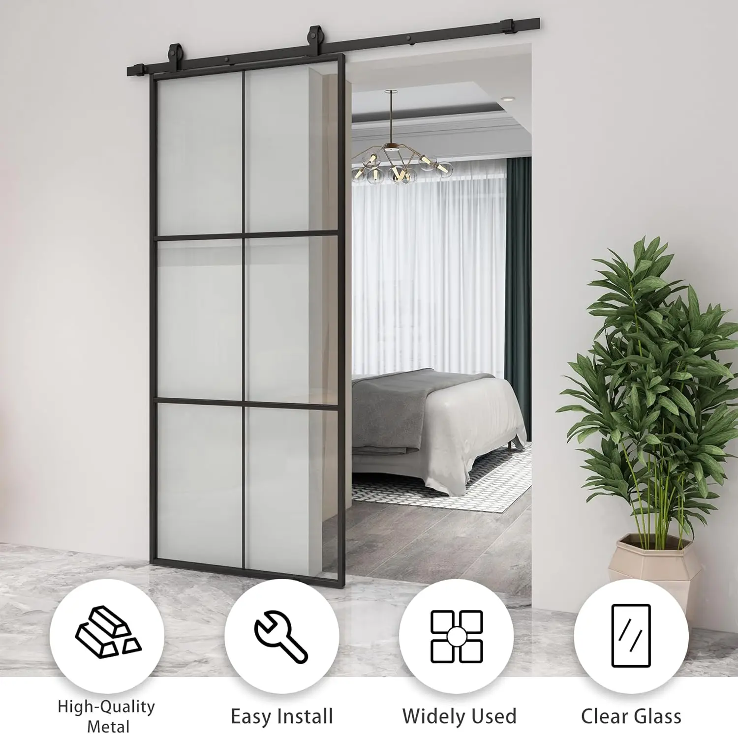 Jubest 36In X 84In Glass Sliding Barn Door, 3-Panel Black Aluminum Frame And Clear Tempered Glass Modern French Door, Easy To