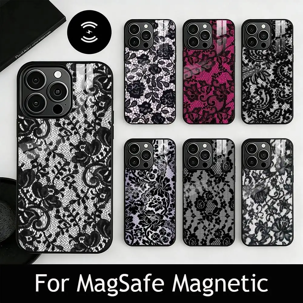 

B-Black lace print Phone Case For iPhone17,16,15,14,13,12,11 Plus,Pro Magnetic with Magsafe Wireless Charging