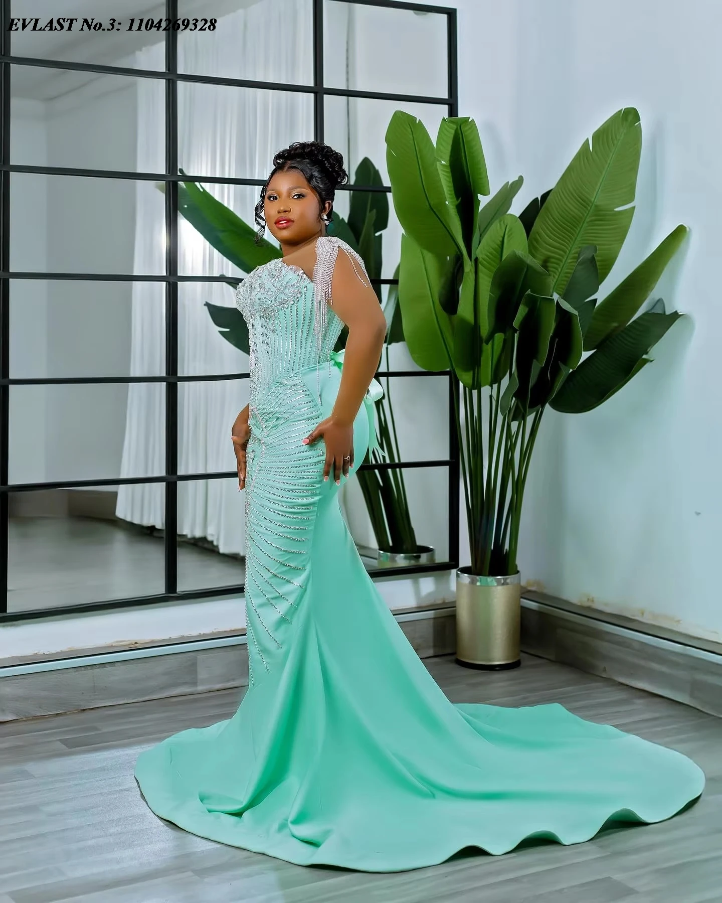 EVLAST Customized African Mint Mermaid Prom Dress Crystal Beading Formal Party Dress Aso Ebi Black Women Formal Gown E3P379