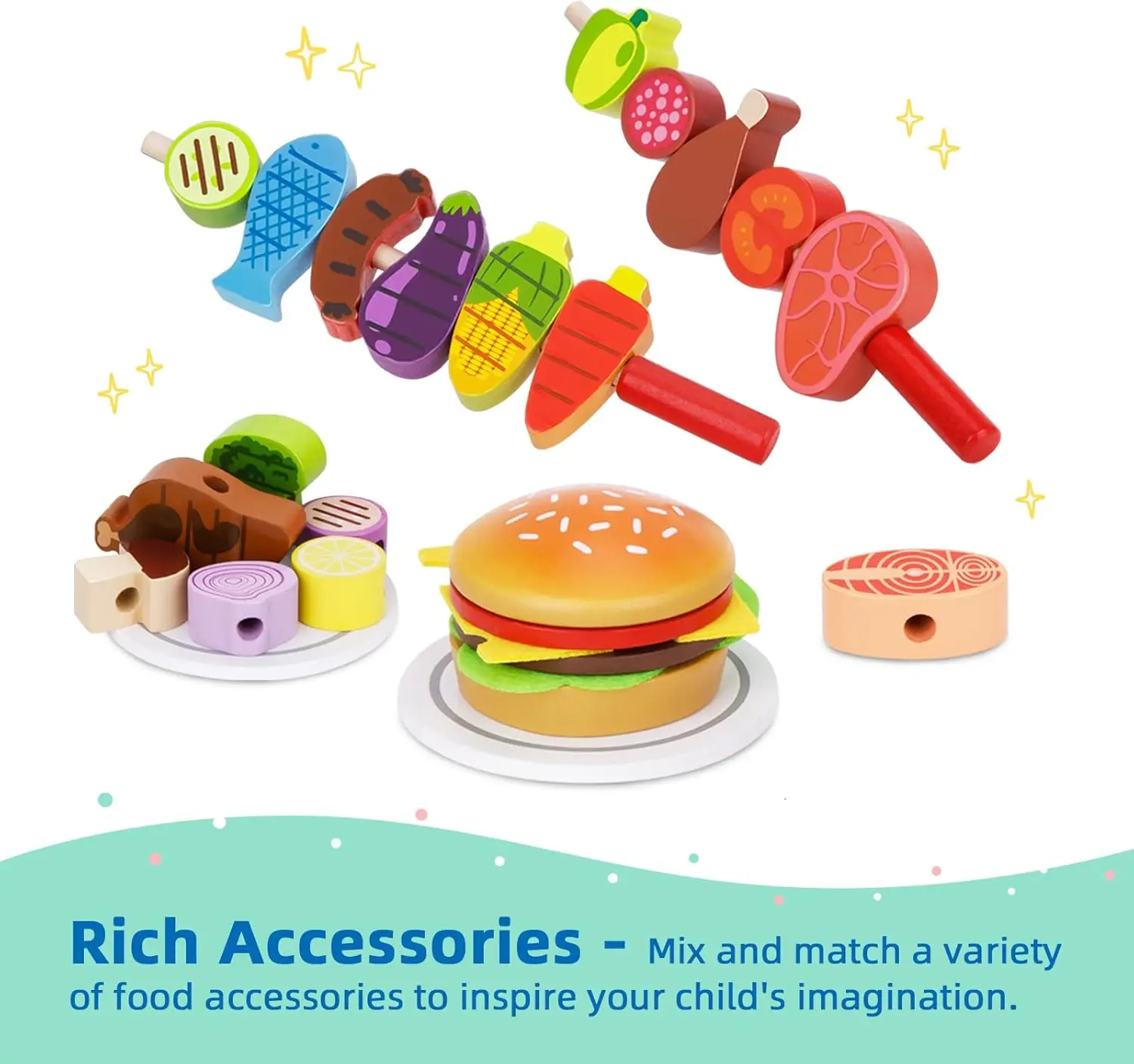 Wooden Play Barbecue Toy Grill, Kids Grill Playset with Play Food and Grilling Tools, Play Kitchen Accessories