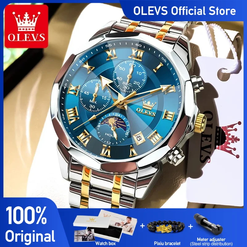 OLEVS 3675 Mens Watch Original Fashion Multifunctional Chronograph Quartz Watch Moon Phase Waterproof Luminous Watch For Men