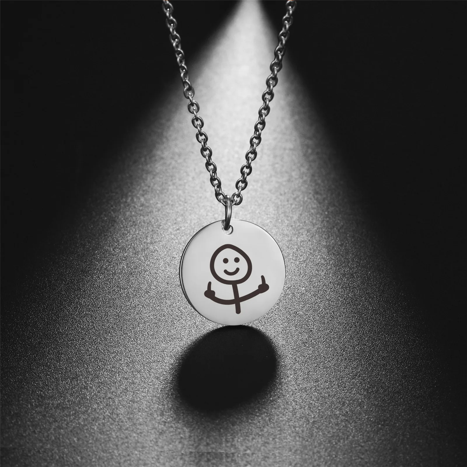 Skyrim Funny Middle Finger Stickman Engraved Necklace for Women Girl Stainless Steel Neck Chain Fashion Hip Hop Jewelry