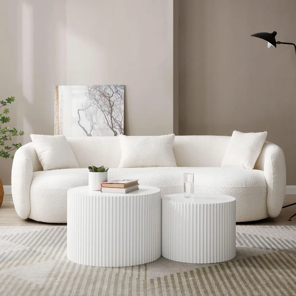 Modern White Round Nesting Coffee Table Set of 2 for Living Room - Contemporary Drum Style Wood Circle Side Tables