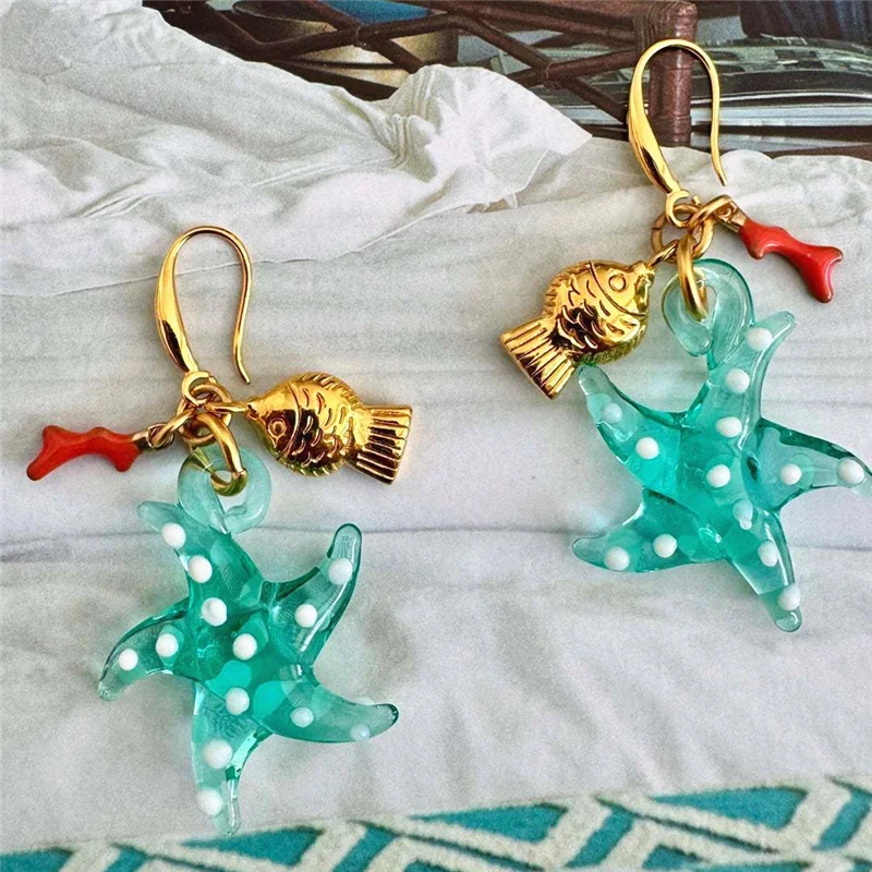 HangZhi lindo azul verde manchado estrella de mar pez caballito de mar Coral gota pendiente océano vacaciones encantos joyería para mujeres