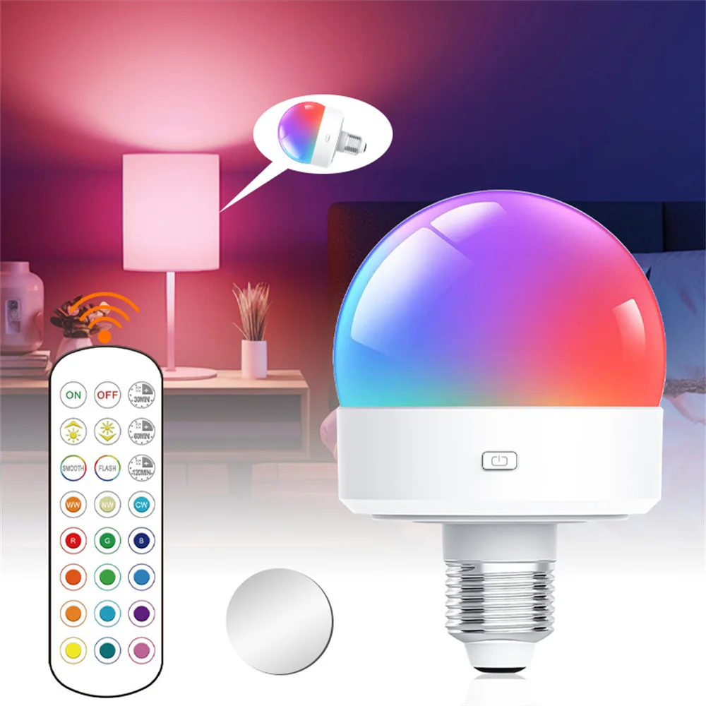 E26/E27 Base RGB Color Indoor Led Bulb USB Rechargeable Party Decoration Timer 2 Light Mode for Wedding,New Year,Christmas