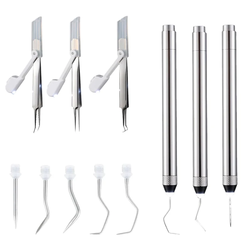 

A96I-6 Pcs LED Weeding Tools Set For Vinyl, 3 Led Pen With 5 Pin And Hook, With Light Weeding Hook Tweezers, Durable (Silver)