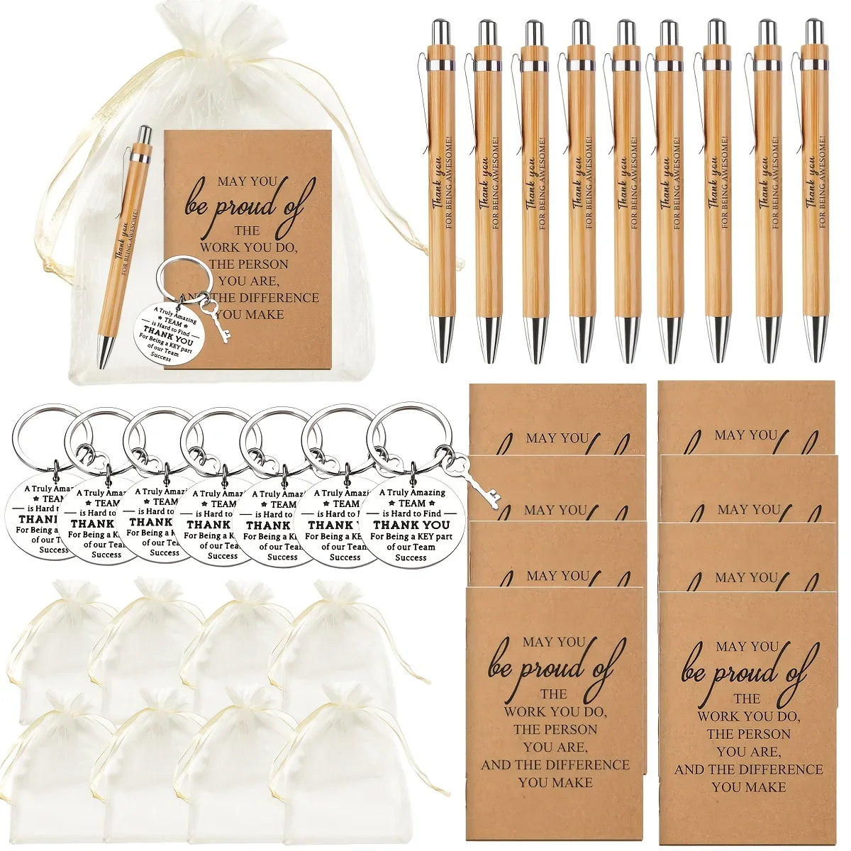 5/10sets Employee Appreciation Gifts Set Notepad Retractable Pen Thank You Keychain Organza Bag for Team Coworker Staff Gift