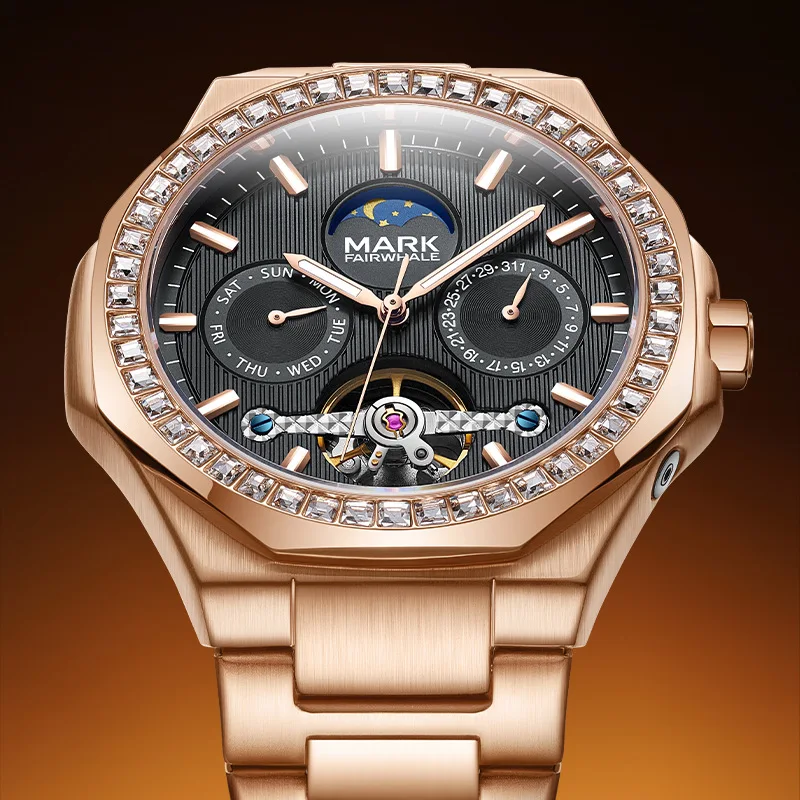 Mark Fairwhale Orologio meccanico di lusso in acciaio inossidabile in oro rosa da uomo Orologi tourbillon automatici con fasi lunari luminose impermeabili