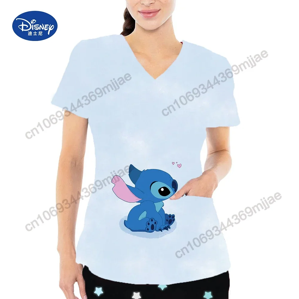 2024 Nieuwe Casual Comfortabele Verpleegstersuniform V-Hals Grote Zak Ontwerp T-Shirt Disney Cartoon Print Patroon Korte Mouwen T-Shirt