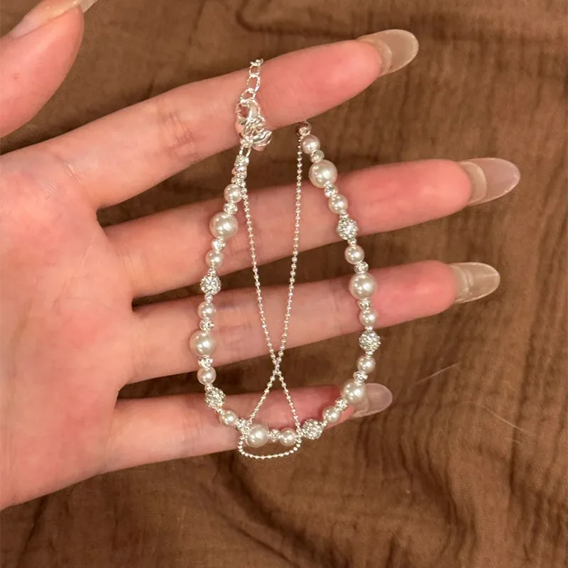 

New in double-layer round bead chain retro pearl bracelet light luxury and high-end inlay diamonds bracelets banquet jewelry