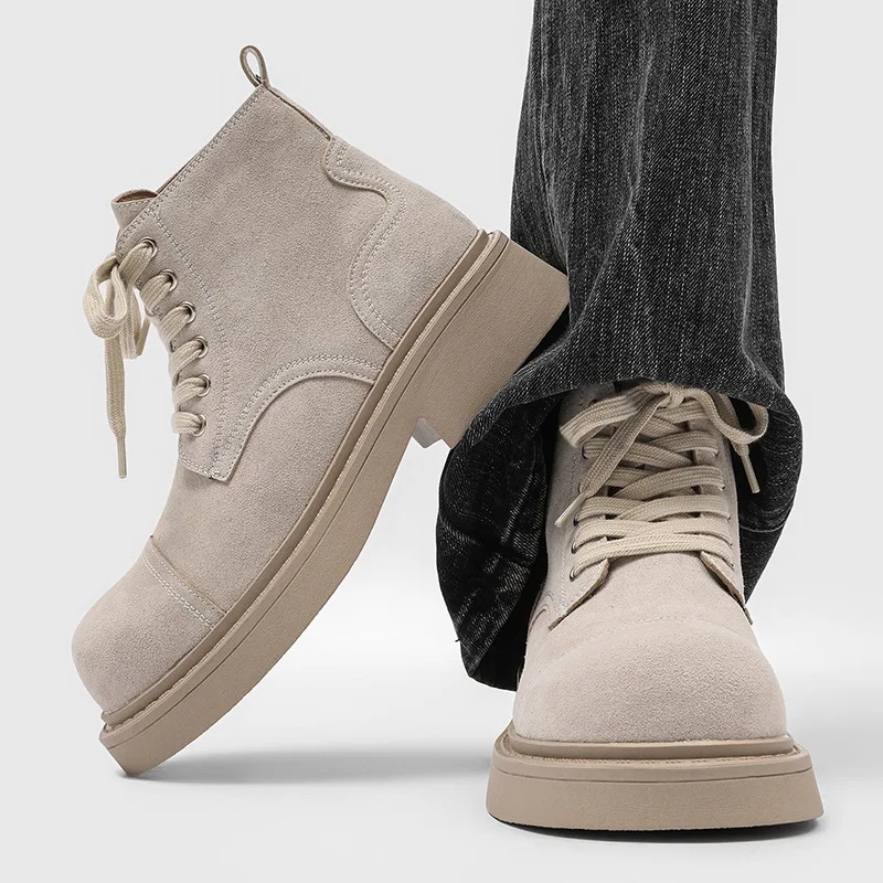 British style men casual cow suede leather boots lace-up platform shoes cowboy tooling work boot outdoors stylish ankle botas