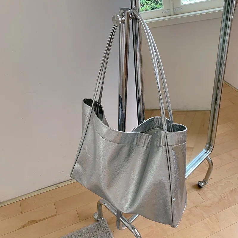 MBTI Silver Vintage Womens Tote Bag Large Capacity Korean Fashion Elegant Shoulder Bag Shopper Casual Daily Aesthetic Handbag
