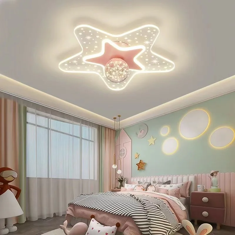 Kawaii Room Decor Star Led Ceiling Lights For Children's Room Girls Bedroom Study Lustre Pink Ceiling Chandelier Kids Room Lamp