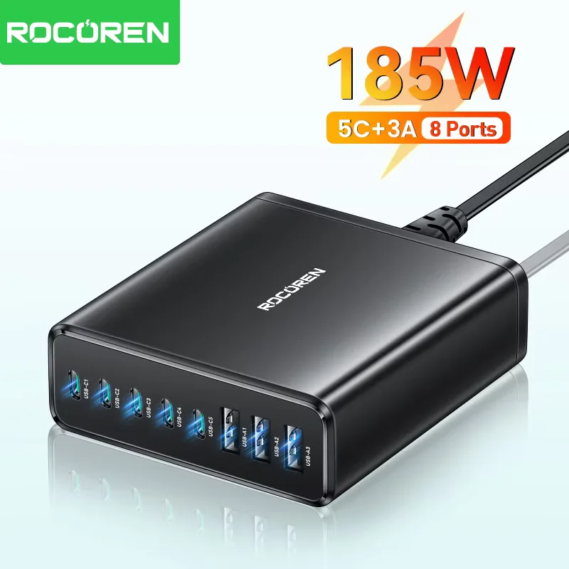 Rocoren 185W Multiple 8 Ports Desktop Charger Fast Charging USB C Type C Power Station For iPhone16 15 14 Pro Max Samsung Xiaomi