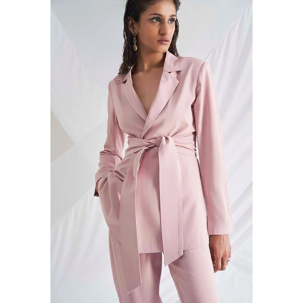 

Chic Light Pink Women Pants Set With Belt New Female Two Pieces(Blazer+Trousers) conjuntos femininos elegantes