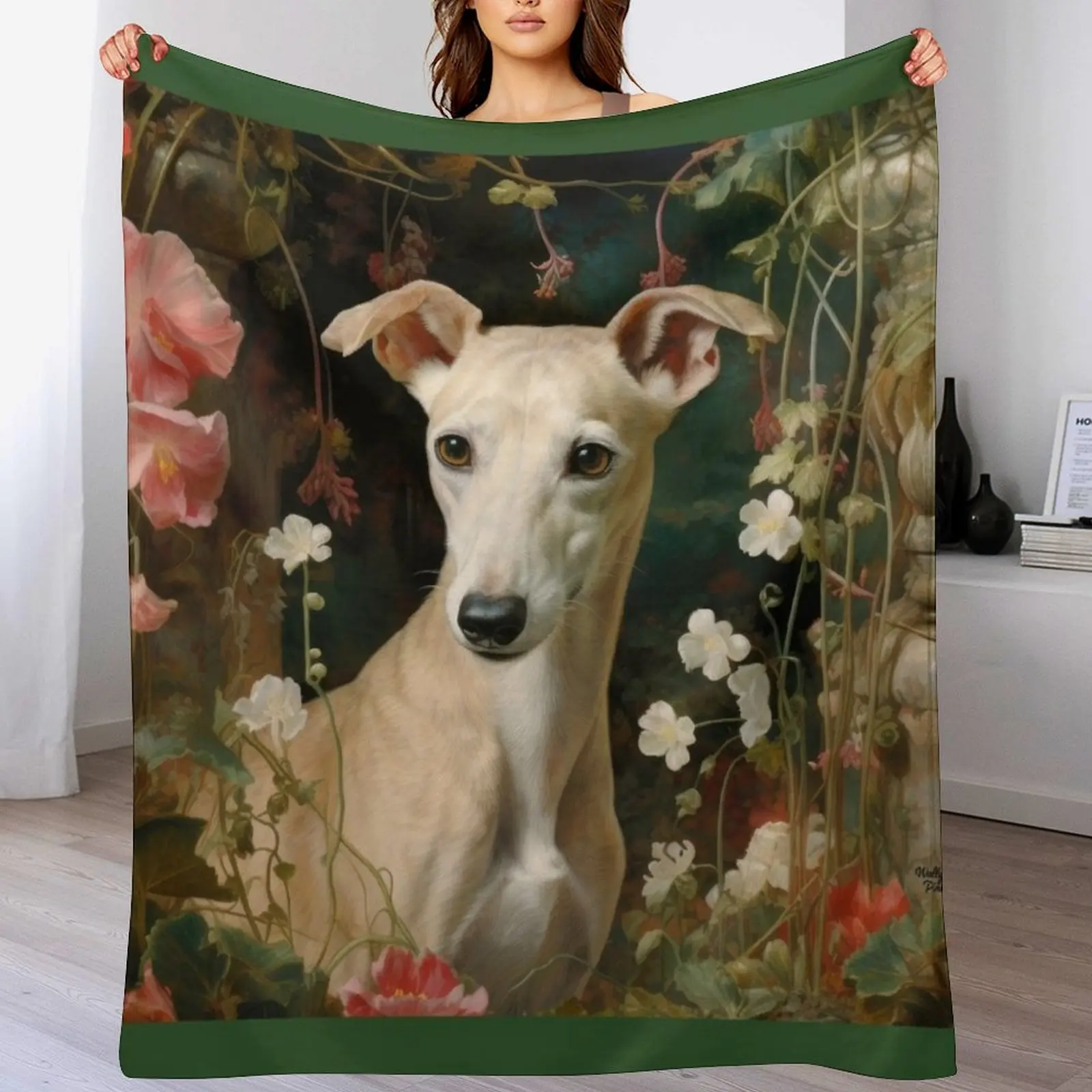 Whippet dog in old romantic garden, dog portrait Throw Blanket Warm Plush Fuzzy Blanket for Living Room