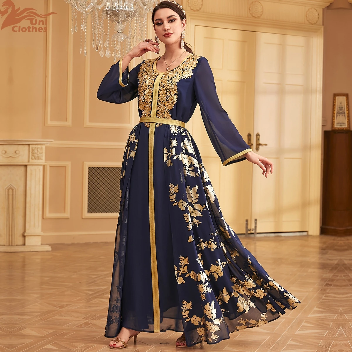 

Eid Muslim Party Dress for Women Abaya Emboridery Chiffon Gilded Dubai Islam Vestidos Arab Long Robe Two-piece Set 3963
