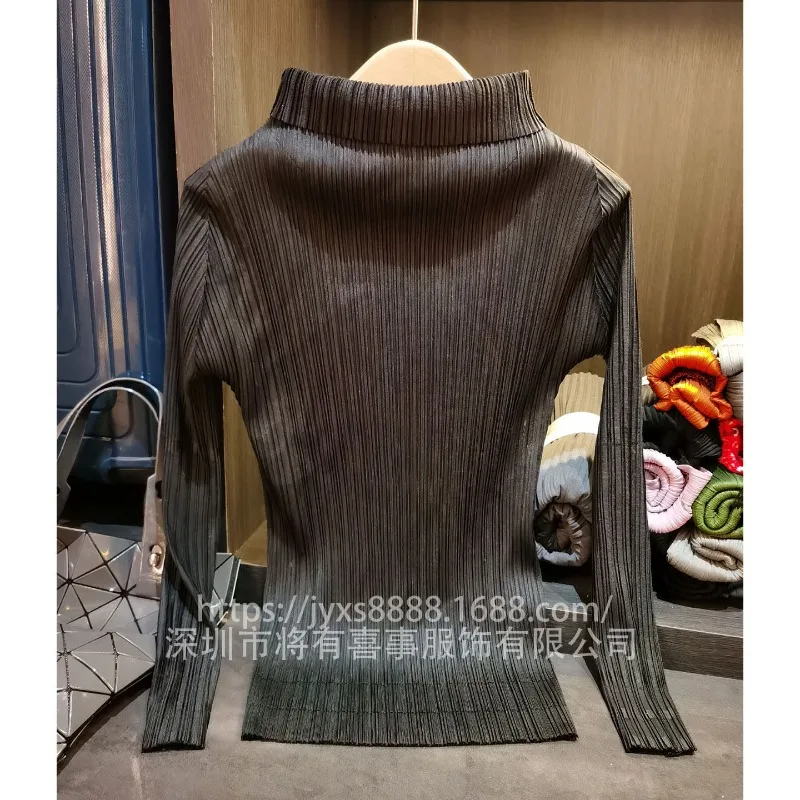 Miyake Pleated Solid Color Long-sleeved T-shirt Stand-up Collar Slim Fall Winter New Simple Commuter Bottoming Shirt Top Women's