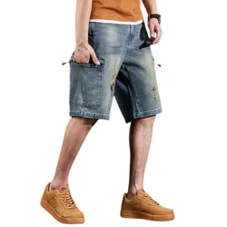 New men's jeans plus size fashionable casual solid color 5-point pants men's summer multi pocket workwear shorts 46