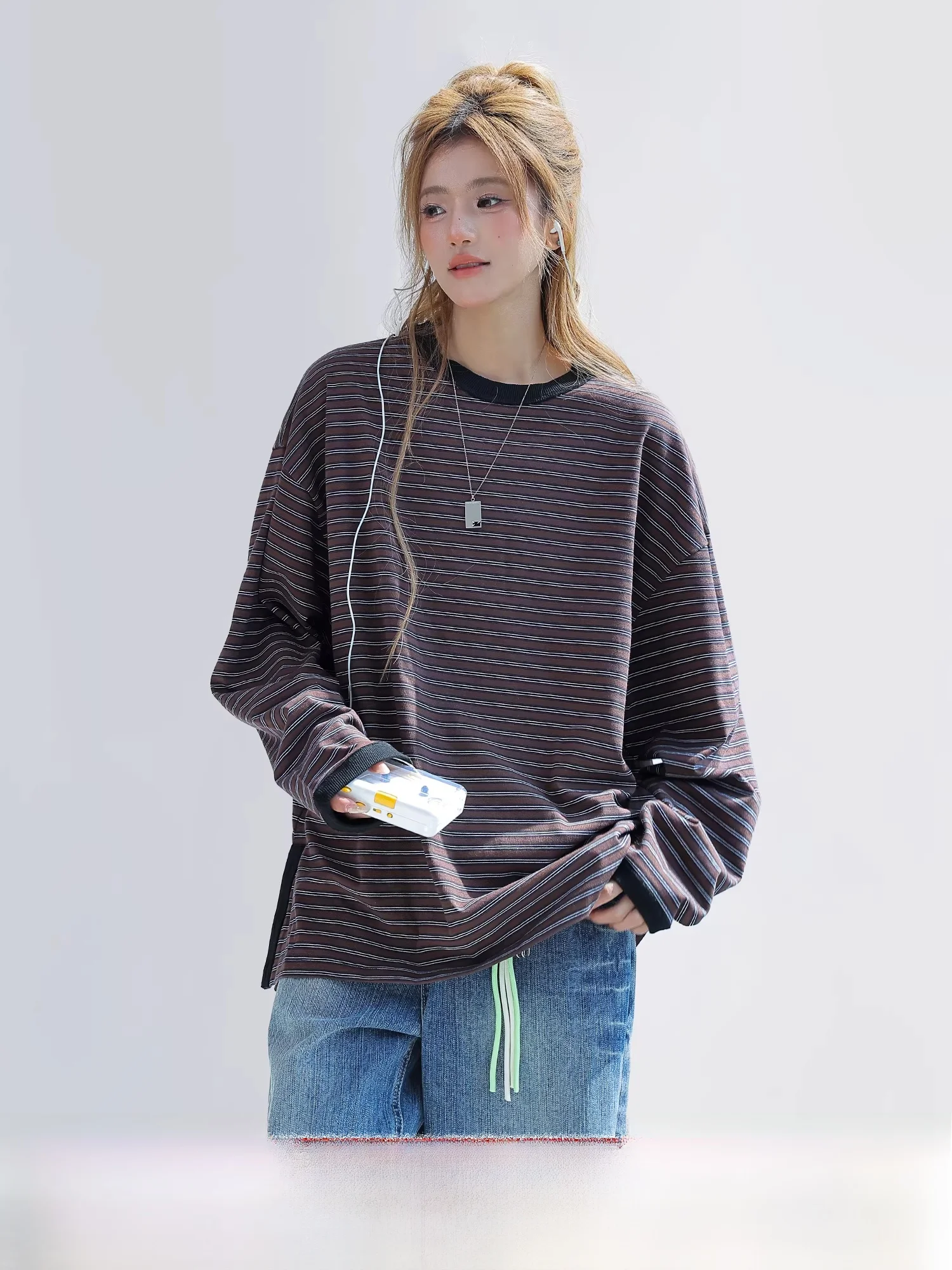 

Женская футболка свободного кроя с длинным рукавом, круглым вырезом, в американском ретро-стиле, в полоску, удобная, дышащая, новинка весеннего сезона, повседневная одежда