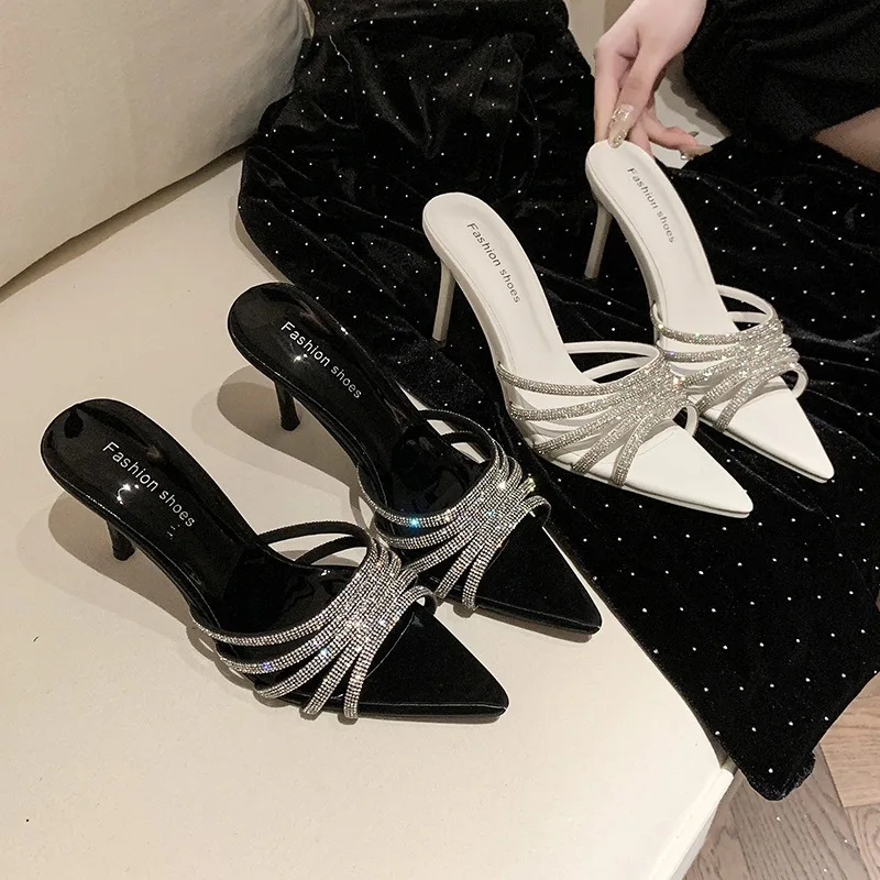Shiny Rhinestone High Heel Slippers Women Pointy Toe Mules Thin Heeled Shoes Summer Women Elegant Party Sexys Sandalias De Mujer