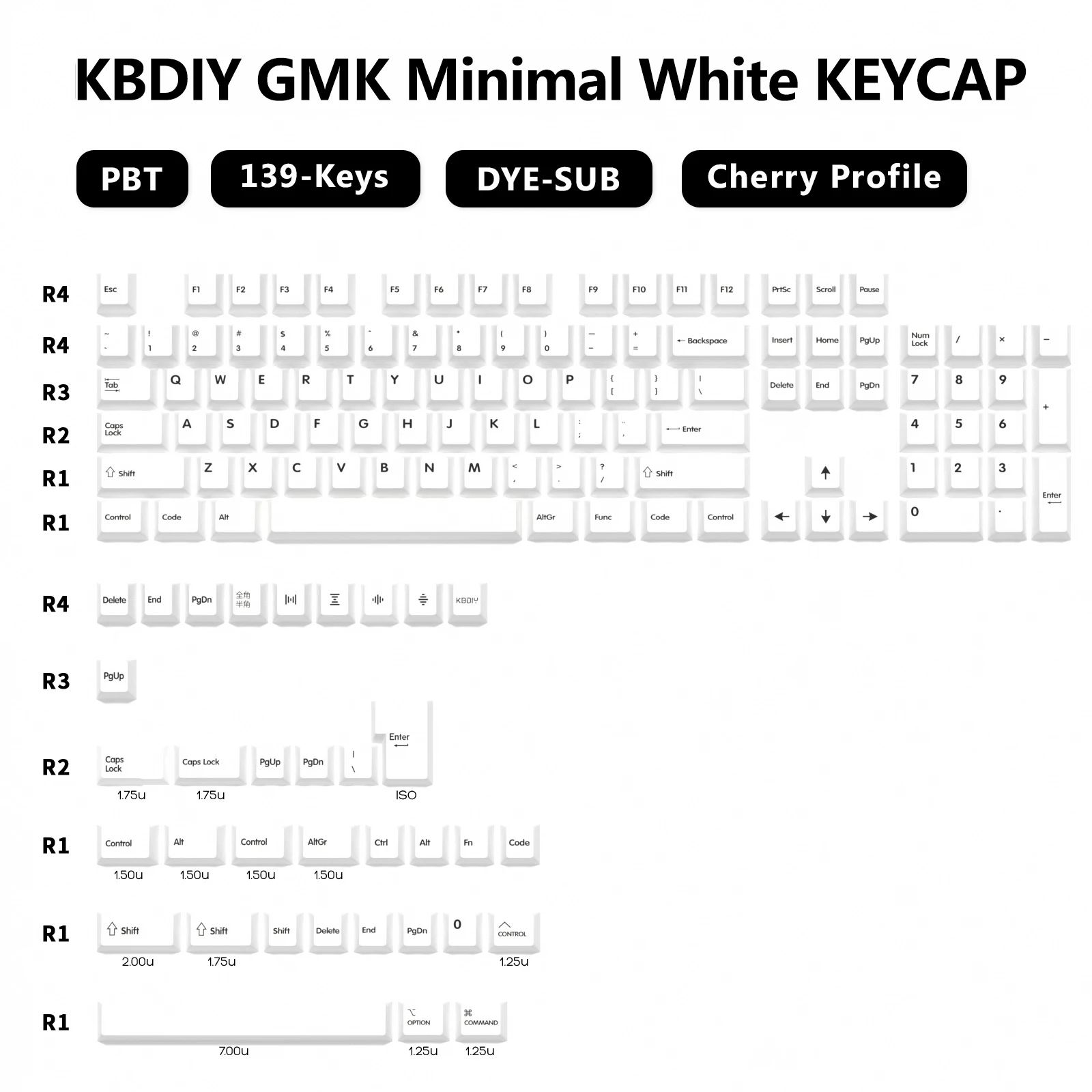 KBDiy Retro GMK Keycaps Minimal White Cherry Profile PBT Keycap Set for Coutom Gaming Mechanical Keyboard 139Keys 60% Key Caps