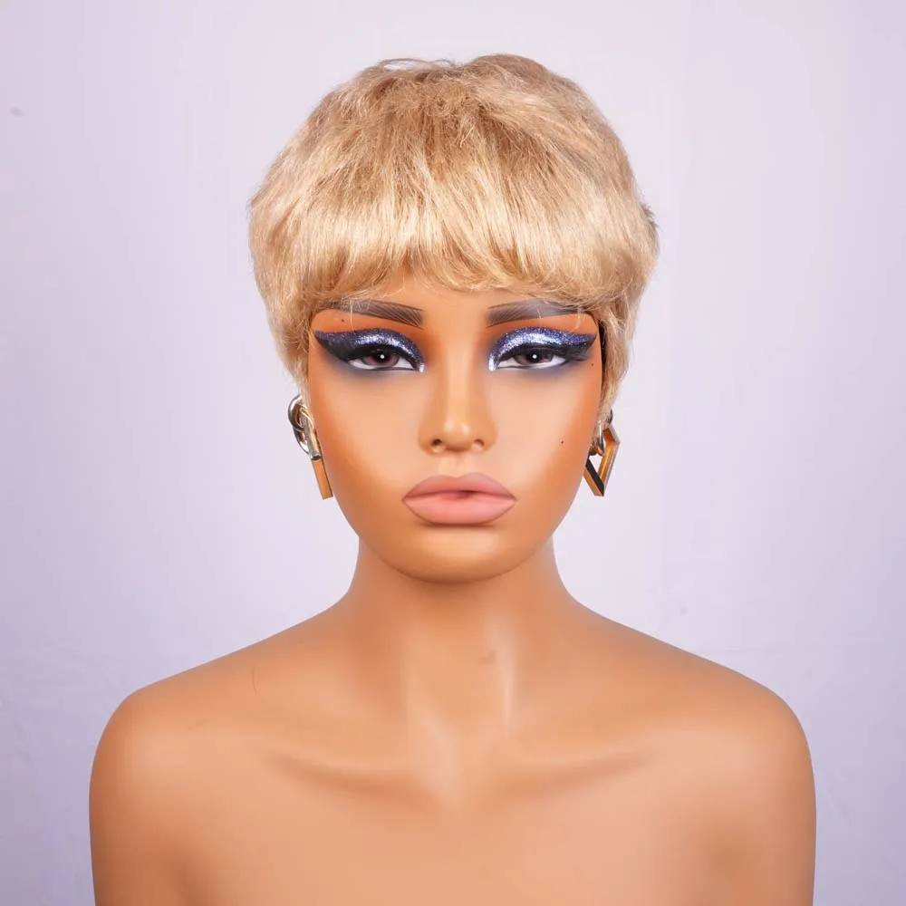 شعر مستعار قصير بقص عابث مع غرة، شعر بشري بوب أشقر مستقيم، شعر مستعار مصنوع آليًا للنساء ذوات البشرة السمراء