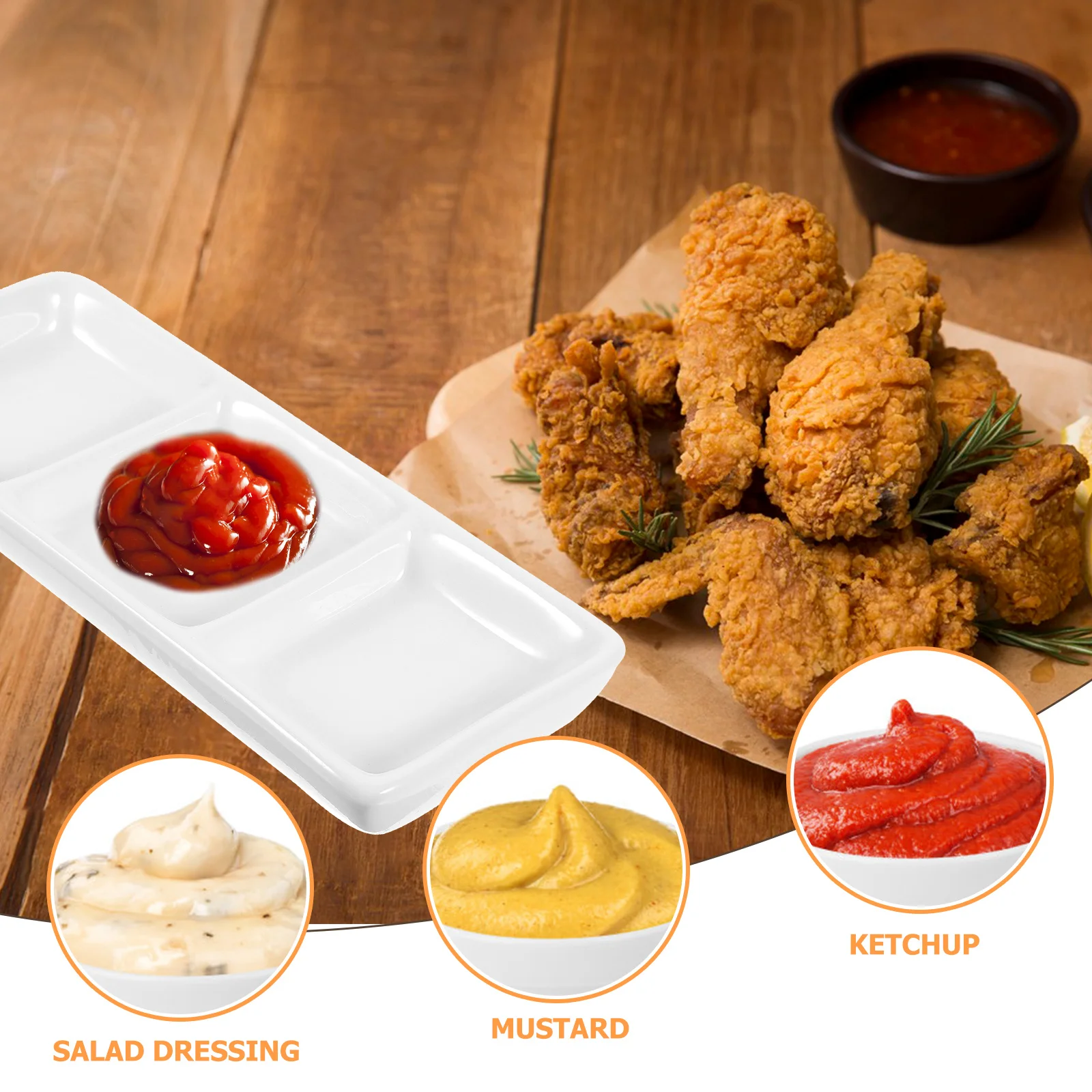 

6 Inch Ceramic 3-Compartment Appetizer Tray Rectangular Divided Sauce Dishes for Condiments Picnics Weddings Resistant to Stains