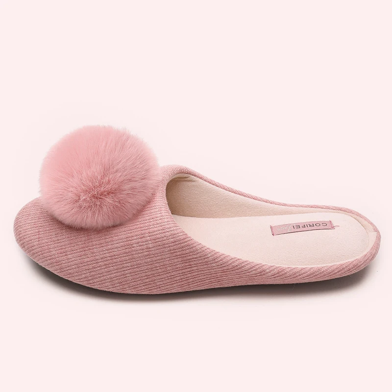 Bebealy Indoor Women Summer Shoes Cute Hairball Home Flat Slippers Soft Fashion Women Slippers Antiskid Flat Slippers For Women