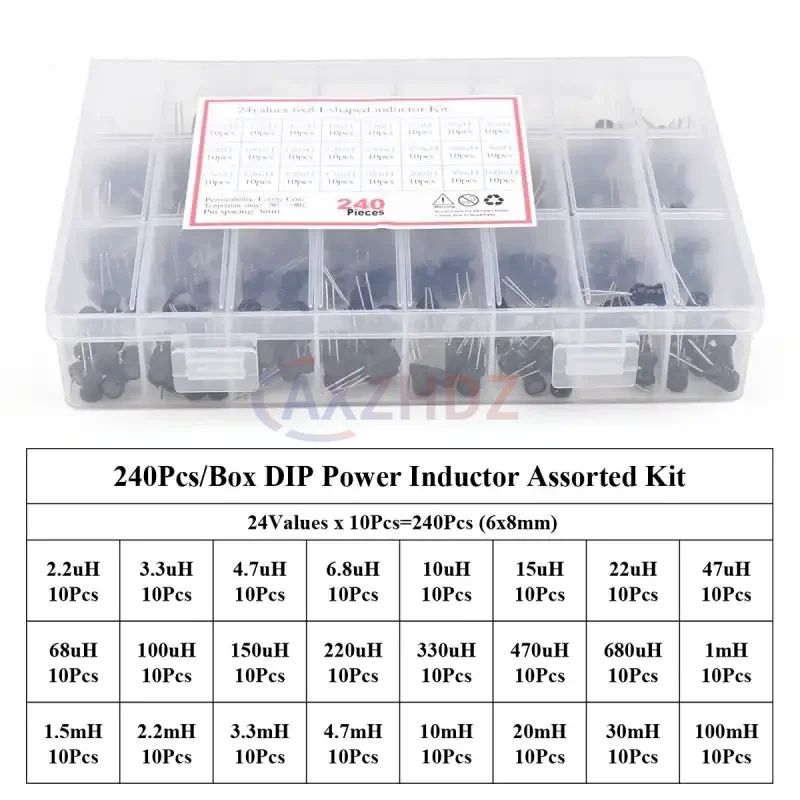 240PCS 6x8 I-Shaped Power Inductor Kit Box 2.2/3.3/4.7/10/15/22/33/47/68/100/220/330/470/680uH/1mH/2.2/3.3/4.7/10/20/30/100MH