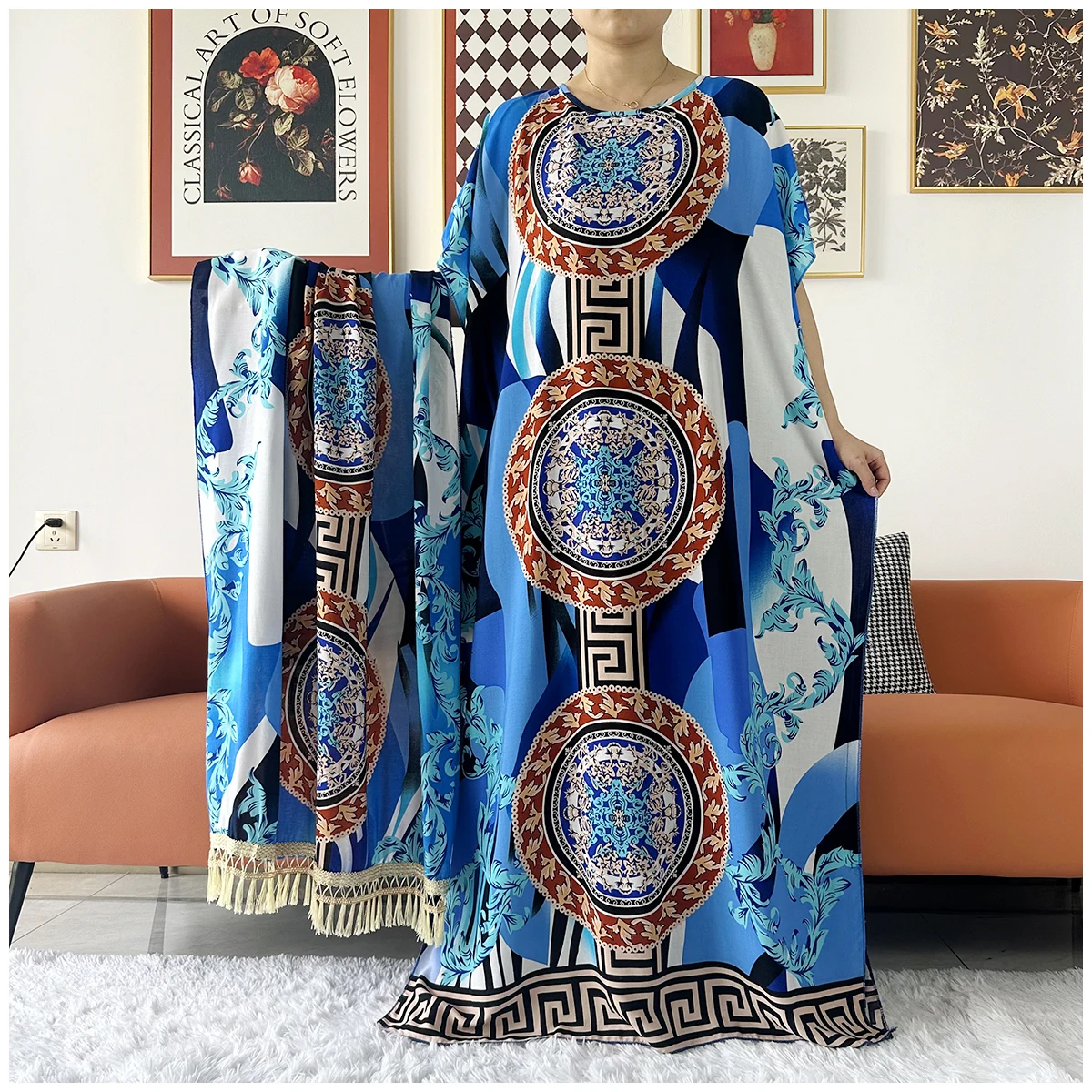 

2 Pieces Africa Dashiki Floral Printing Loose Cotton Caftan Lady Summer Maxi Casual Dresses With Big Scarf Vestidos Short Sleeve