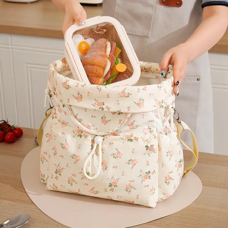 Fashion Floral Insulated Rice Bag Drawstring Drawstring Leak Proof Commuting Bento Bag Picnic Portable Storage Bag Handbag