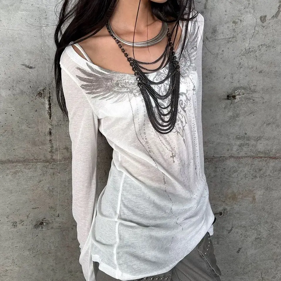 Spring and Summer Hollow Clear Print Slim Fit Long Sleeved Outer Wear Sunscreen Shirt Niche T-shirt Tight Fitting