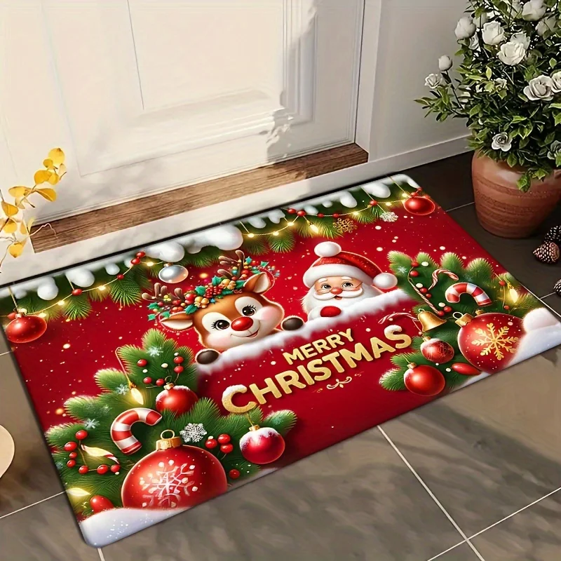 1 Piece Christmas Day Doormat Anti Slip 100% Polyester Reindeer and Santa Claus Designed Carpet Machine Washable Home Decor Rug