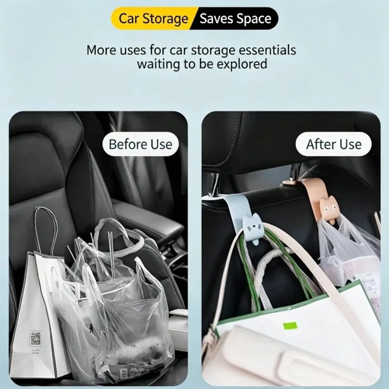 Cartoon Car Seat Back Hooks 2 Pcs, Cute Cat Headrest Hanger for Handbag Grocery, Thickened Plastic Car Organizer for Bag