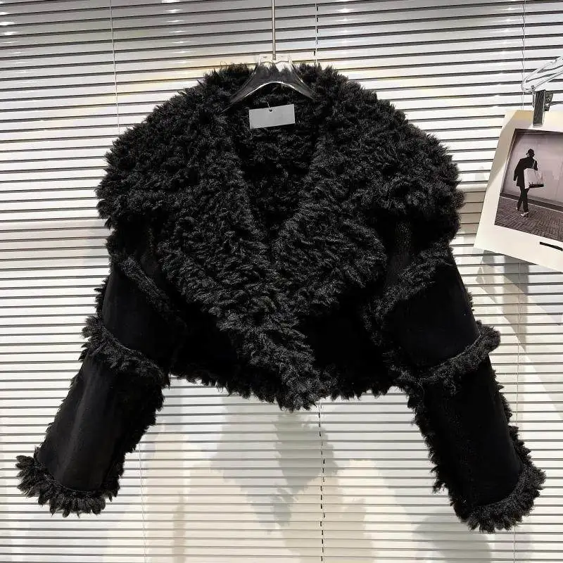 Winter new niche unique design suit big collar fur short leather jacket women's fashion solid color temperament warm coat