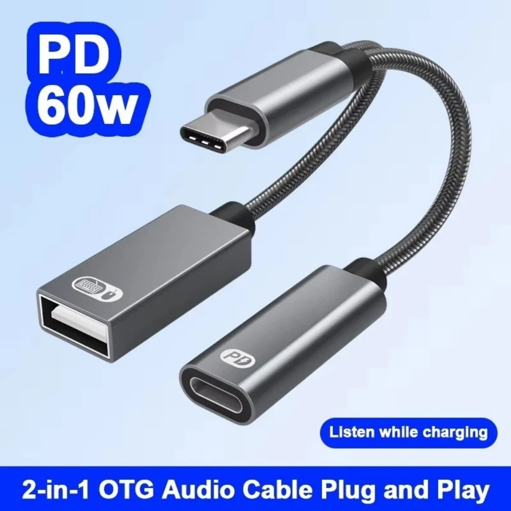 USB C OTG Cable 2in1 Type C to USB A Adapter with Charging Cord and USB Port for IPhone15 16 Pro Mac iPad Samsung Huawei Laptop