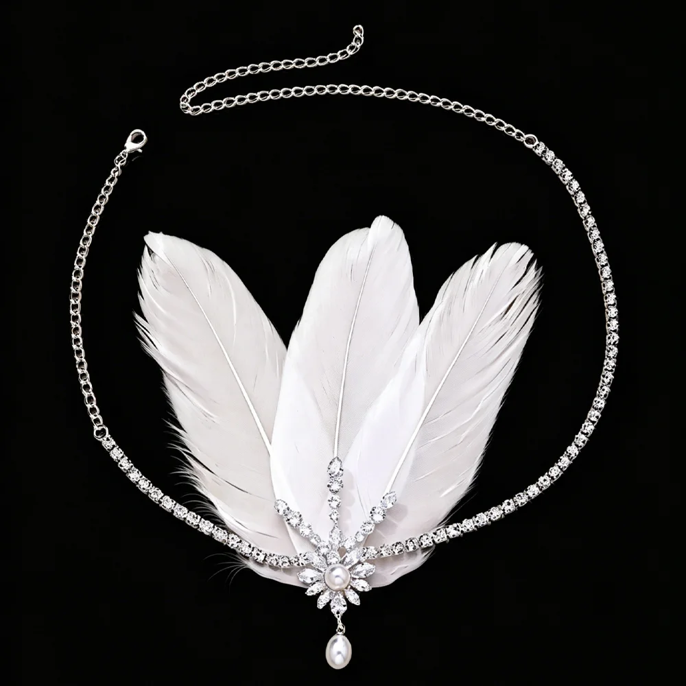 Flapper Headpiece Sparkling Rhinestone Feather Head Chain Gatsby Hair Accessory for Women Wedding Party Prom Gatsby Costume - view 6
