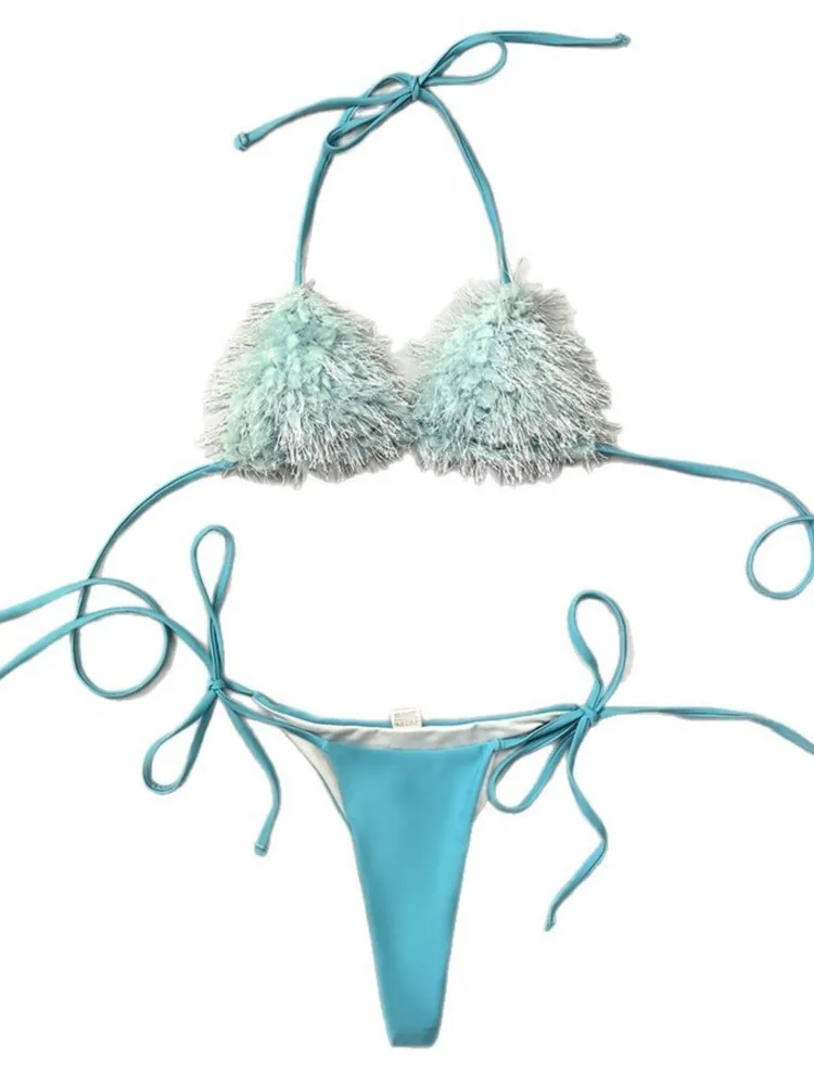 2025 مثير النساء ملابس السباحة الإناث الصلبة الأسود مايكرو الفراء مجموعة البكيني رفع ملابس السباحة ثونغ البرازيلي السباحة ثوب السباحة