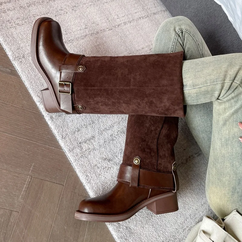 

English Style Round Toe Thick Heels Cowhide Mid-calf Boots Suede Sleeve Belt Buckle Chaussure Femme Vintage Mid-heel Botas