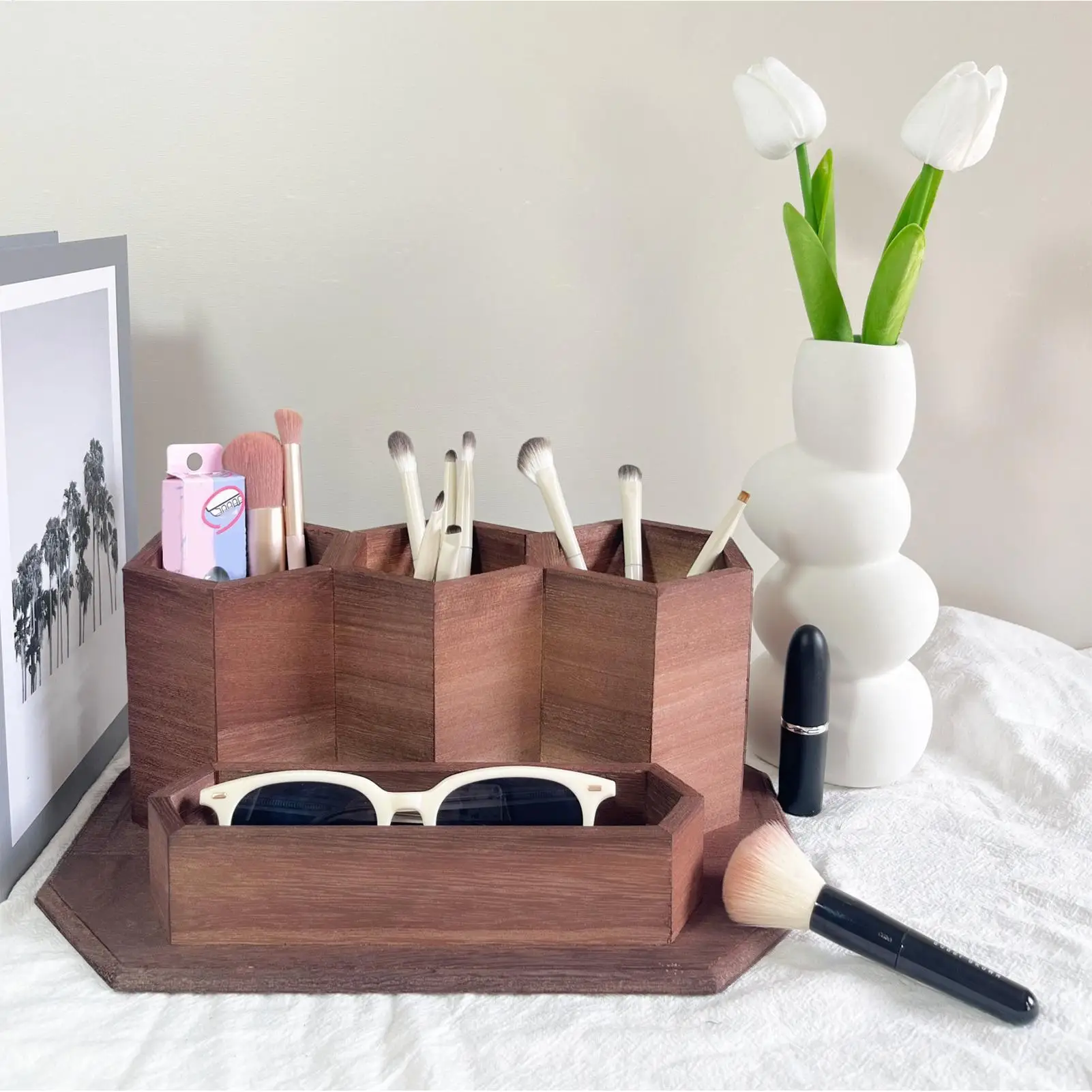 나무 펜 홀더 페인트 브러시 주최자 4 구획 기구 마커 보관 미술 주최자 나무 미술 스튜디오 주방 홈