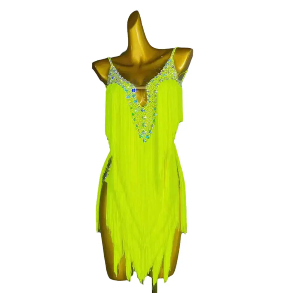 

Latin Dance Costume Rhinestone Women's High-end Customized Suspender High Slit Hollow Tassel Samba Dance Dress Performance Dress
