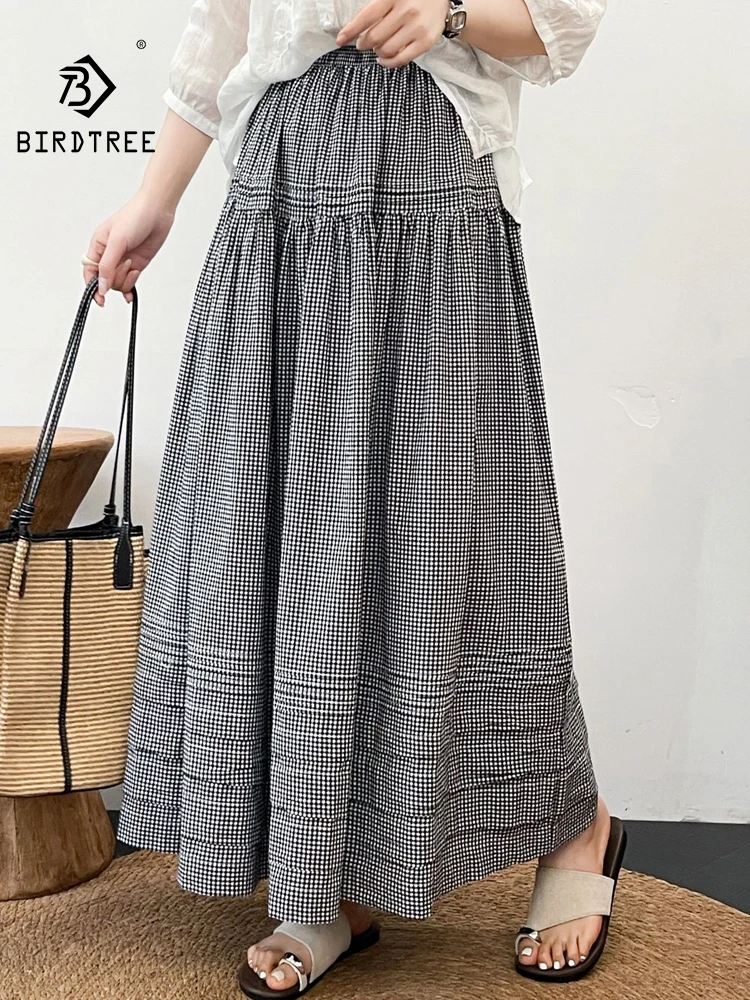 New 2026 Summer Women Cotton Skirt, Elastic Waist Plaid Folds, Mori Girl OL French Age Reduction INS Loose A-line Skirt B65628CC