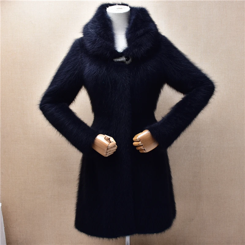 Ladies Women Autumn Winter Clothing Black Hairy Mink Cashmere Knitted Slim Long Sweater Cardigans Jacket Angora Fur Coat Pull